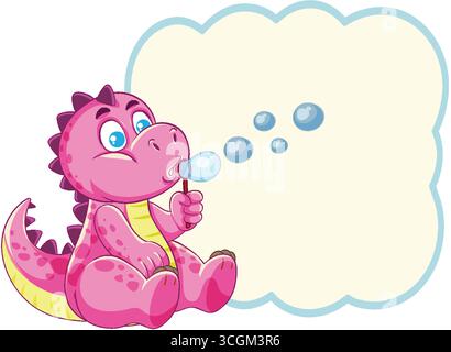 Cartoon pink baby dinosaur blowing bubbles, sitting with blank cloud-shaped space for text Stock Vector