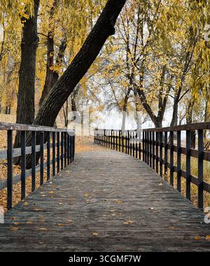 Wooden bridge in autumn park. Diminishing perspective view of a elevated walkway - footbridge in non-urban area. Stock Photo