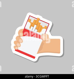 Hand holding packet of cigarettes sticker icon in flat style. Smoking vector illustration on isolated background. Tobacco box sign business concept. Stock Vector