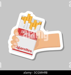 Hand holding packet of cigarettes sticker icon in flat style. Smoking vector illustration on isolated background. Tobacco box sign business concept. Stock Vector
