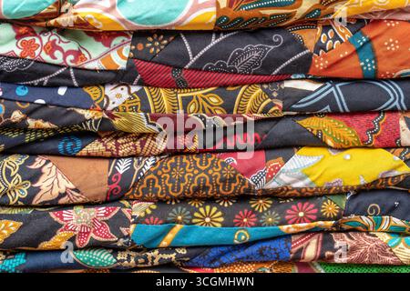 Detail patchwork quilt in street market. Bali island, Ubud, Indonesia. Close up patchwork blanket texture Stock Photo