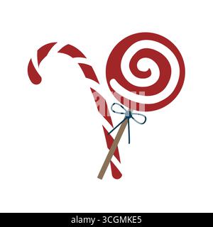 Red and white spiral lollipop and Christmas candy with red and white stripes. Vector flat illustration of candy. New Year bright striped lollipop. Stock Vector