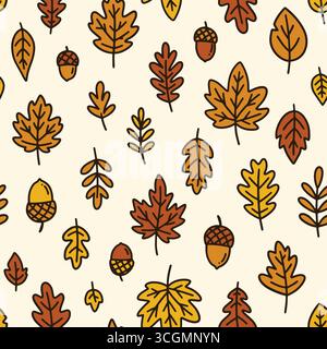 Autumn Leaves doodle seamless pattern. Vector illustration flat design background. Stock Vector