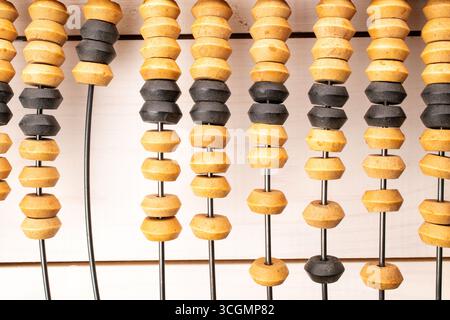 A calculator, which is a mechanical computing device for performing arithmetic operations, on a wooden table, close-up, top view. Stock Photo