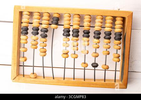 A calculator, which is a mechanical computing device for performing arithmetic operations, on a wooden table, close-up, top view. Stock Photo