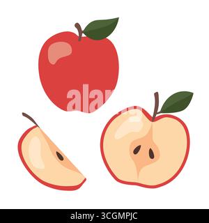 fresh red ripe whole, bitten and half apple - vector illustration Stock Vector