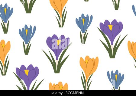 spring seamless pattern with colorful crocuses- vector illustration Stock Vector