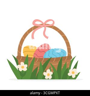 basket full with colorful easter eggs in the grass; concept of egg hunt which is a game typically played during Easter -vector illustration Stock Vector
