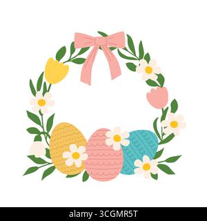 colorful easter eggs and wreath made with floral elements and bow - vector illustration Stock Vector
