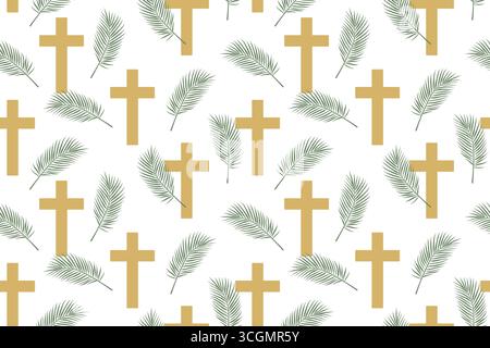 Easter, Holy Week seamless pattern with palm leaf and golden cross  - vector illustration Stock Vector