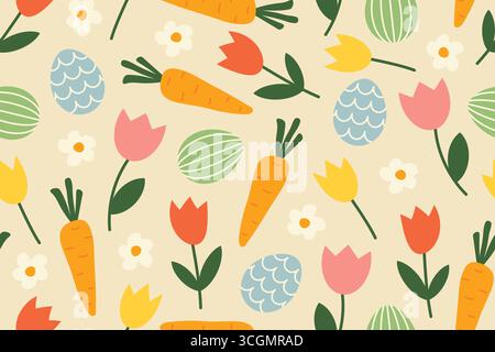 seamless pattern with carrots, easter eggs, tulips and daisies; easter, spring background- vector illustration Stock Vector