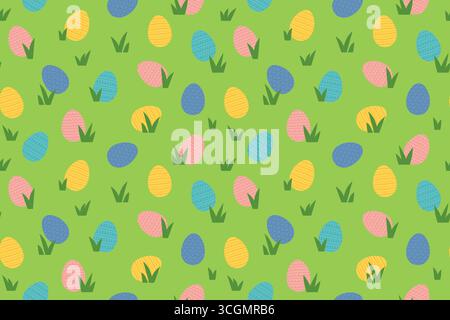 colorful easter eggs in the grass; concept of egg hunt which is a game typically played during Easter- vector illustration Stock Vector