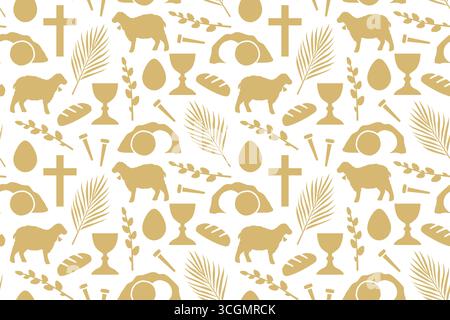 easter, Holy Week golden seamless pattern with palm leaf, holy communion chalice, nails, lamb, egg, catkins and Jesus tomb   - vector illustration Stock Vector