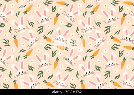 seamless easter pattern with rabbits, carrots and flowers - vector illustration Stock Vector