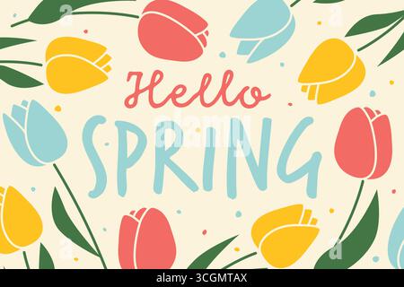 hello spring text with colorful tulips; ideal for seasonal greeting cards, social media posts, banners, invitations, and spring-themed designs- vector Stock Vector