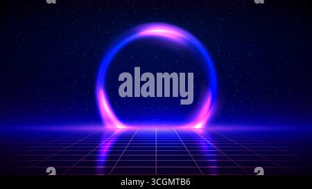 Retro futuristic background. Synthwave 80s style, neon color. Shining circle of space portal, laser, neon grid. 3d dark blue backdrop digital templatе Stock Vector