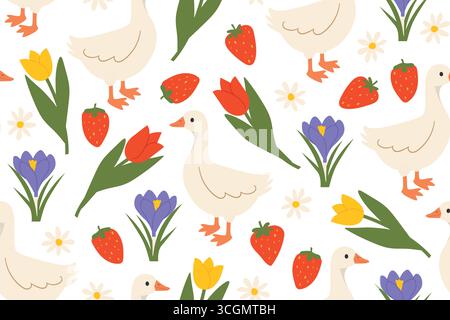 seamless spring, easter pattern with geese, strawberries and flowers- vector illustration Stock Vector