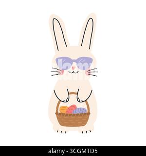 cute easter bunny wearing sunglasses holds eggs basket -vector illustration Stock Vector