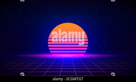 Synthwave background 80's. Retro style, neon color. Futuristic 3d dark blue backdrop, geometric sci-fi digital template. Starry sky background, mesh, Stock Vector
