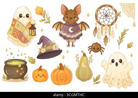 Cute boho Halloween clipart collection with ghost, bat, cauldron, pumpkins, dreamcatcher and cozy autumn elements in soft colors. Stock Vector