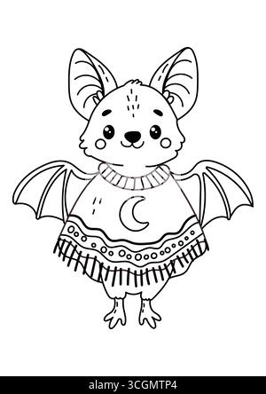 Cute Halloween bat in boho sweater as black and white line art. Perfect for coloring pages, printables, and DIY crafts. Stock Vector