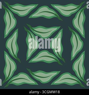 Green leaves kaleidoscope seamless pattern on dark green background. Delicate green colors. Vintage mosaic tiles background vector illustration. For g Stock Vector