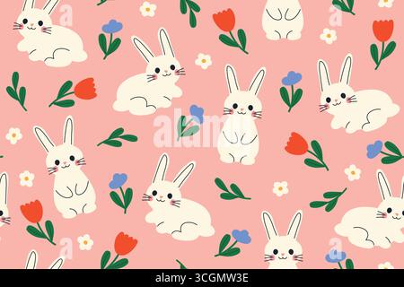 cute easter, spring seamless pattern with bunnies and flowers; great for wrapping, greeting cards, social media graphics- vector illustration Stock Vector