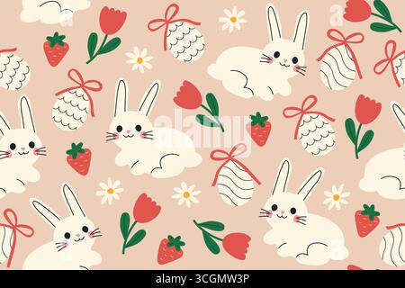easter, spring seamless pattern with bunnies, strawberries, eggs and flowers; great for wrapping, greeting cards, social media graphics- vector illust Stock Vector