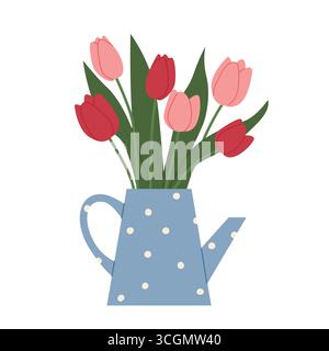 bouquet of spring tulips in a watering can -vector illustration Stock Vector