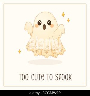 Minimalist kawaii ghost in lace with wide eyes and surprised face. Soft Halloween design with clean background and pastel tones. Stock Vector