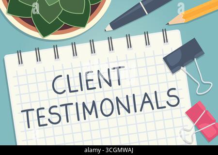 client testimonials text on a spiral notebook, flat lay composition - vector illustration Stock Vector