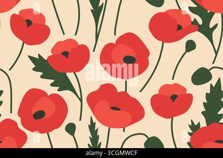 seamless pattern with red poppy flowers- vector illustration Stock Vector