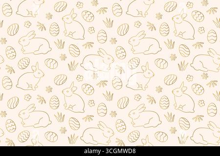 golden seamless Easter pattern with bunnies, flowers and eggs- vector illustration Stock Vector