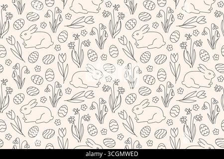 seamless Easter pattern with bunnies, spring flowers and eggs- vector illustration Stock Vector