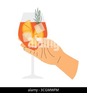 hand with aperol spritz cocktail; summer vibe - vector illustration Stock Vector