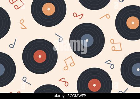seamless pattern with music notes and vinyl records- vector illustration Stock Vector