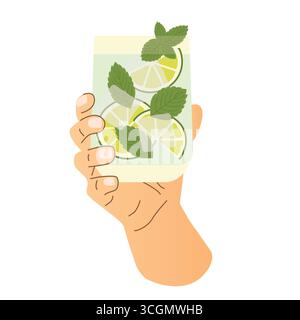 hand holding glass with mojito summer cocktail adorned with fresh mint leaves and lime slices- vector illustration Stock Vector