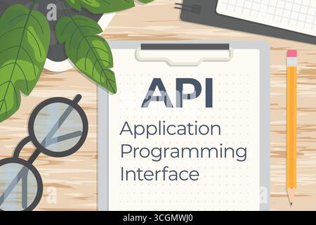 API Application Programming Interface written on a clip board on wooden desk- vector illustration Stock Vector