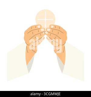 hands of priest holding holy eucharistic host, communion, wafer; it's ideal for religious publications, church newsletters, or spiritual websites- vec Stock Vector