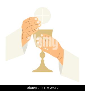 hands of priest holding holy eucharistic host and chalice, communion, wafer; it's ideal for religious publications, church newsletters, or spiritual w Stock Vector