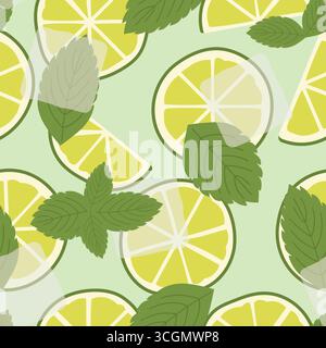 mojito summer cocktail adorned with fresh mint leaves and lime slices seamless pattern; summer party background-vector illustration Stock Vector