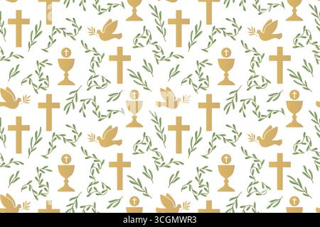 seamless pattern with christian religion icons: dove, chalice and cross; great for wrapping, greeting cards, invitations- vector illustration Stock Vector