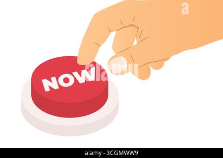 hand pressing now button; concept of decisive action taken in the present moment, immediate response or action- vector illustration Stock Vector