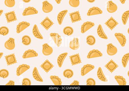 seamless pattern with various types of dumplings (pierogi, khinkali, ravioli, gyoza, pelmeni); international cuisine concept, perfect for kitchen text Stock Vector