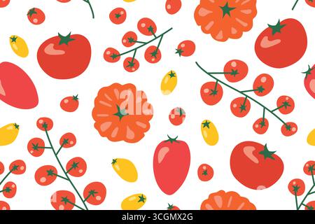 vivid seamless pattern with different tomatoes from farmer's market; great for kitchen textiles, packaging design, recipe cards or digital backgrounds Stock Vector