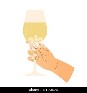 hand holding a glass of white wine, celebration, wine tasting- vector illustration Stock Vector