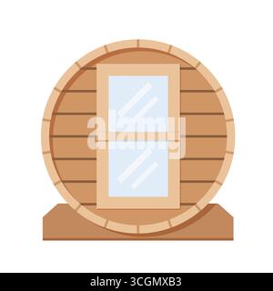 outdoor mobile wooden barrel sauna; relaxation and rejuvenation, It's ideal for wellness retreat websites, camping or glamping brochures, or outdoor l Stock Vector
