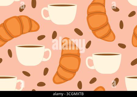 seamless pattern with coffee cups, coffee beans and croissants- vector illustration Stock Vector