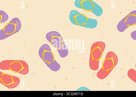 seamless pattern with colorful flip flops on the sandy beach, summer slippers, pool shoes- vector illustration Stock Vector