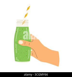 hand holding glass with green vegetables and fruits smoothie- vector illustration Stock Vector